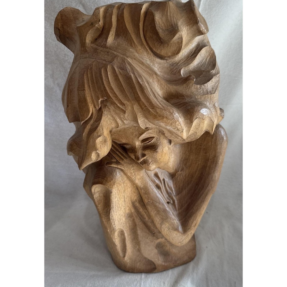 Hand Carved Signed Wooden Sculpture Mermaid In Sea Shell Young Woman Wood 17"